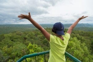 Kids enjoying the view atop a watch tower during the trek on our Kids Nature Camp in Bannerghatta near Bangalore
